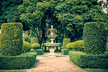 Small Fountain And Tropical Garden Green  Plant Decorate In Thailand