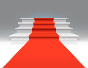 Wall Mural - Red carpet on white walking stairs. Success, business growth and award vector abstract exclusive background