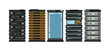 © MicroOne - Modern flat server racks. Computer processor servers for server room. Vector set isolated on white background