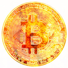 Aufkleber - Bitcoin cryptocurrency concept, graphic collage, fire effect.