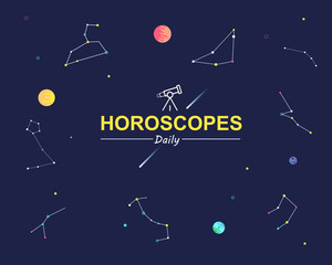 Wall Mural - horoscope background with telescope, planet and zodiac signs.