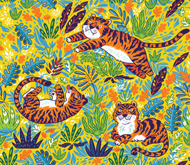 Wall Mural - Tropical seamless pattern with funny tigers in cartoon style. Vector illustration