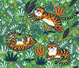 Wall Mural - Tropical seamless pattern with funny tigers in cartoon style. Vector illustration