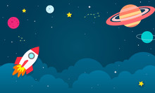 Outer Space Background Vector Illustration. Cosmos With Spaceship Cartoon Style.