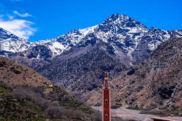 Canvas Print - Views of Mosque in front of Mount Toubkal, Atlas Mountains, Morocco