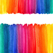 Rainbow Watercolor Background With Space For Text. Multicolored Frames Or Borders Made Of Watercolour Gradient Fill. Colorful Stripes Texture. Brush Drawn, Artistic Uneven Edge.