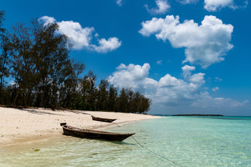 two authentic African wooden canoes on the ocean coast,beautiful  clouds and green forest on the background  