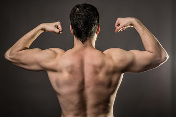 Wall Mural - Handsome muscular bodybuilder on gray background, rear view.