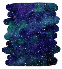 Wall Mural - Brush drawn shape cosmic background. Galaxy, universe or night sky with stars and colorful watercolor stains. Aquarelle cosmos illustration with blobs texture. Brush stroke with rounded edges.