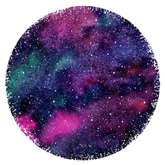 watercolor night sky, universe, galaxy with colorful stains and stars. round shape. hand drawn aquar