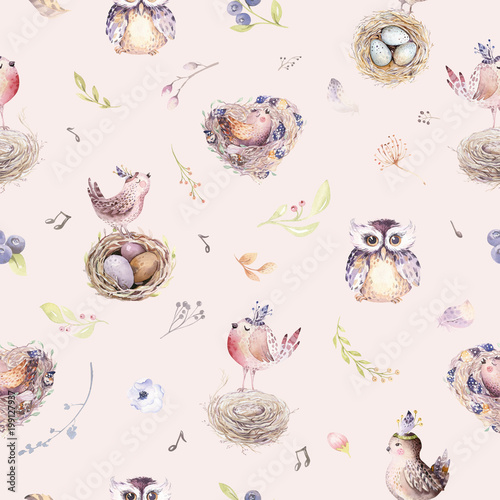 Cotton fabric Watercolor spring rustic pattern with nest, birds, branch,tree twigs and feather. Watercolour seamless hand drawn bird background. Vintage, boho illustration