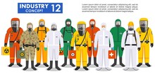 Chemical Industry Concept. Group Different Workers In Differences Protective Suits Standing Together In Row On White Background In Flat Style. Dangerous Profession. Vector Illustration.