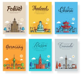 Set of outline different cities for travel destinations. Landmarks banner thin line of flyer, magazines, posters, book cover, banners. Layout world architectural flat illustrations modern pages