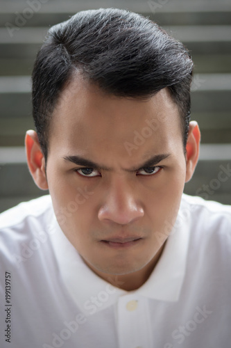 Unhappy Man Portrait Angry Man Face Hostile Handsome Man Sitting