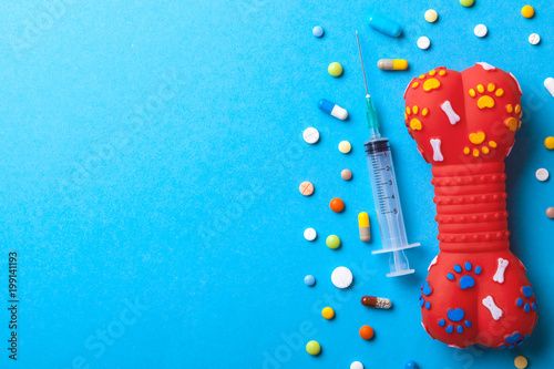 Fotografie, Obraz Toy rubber bone for dogs and many colored tabbies with a syringe on a blue background
