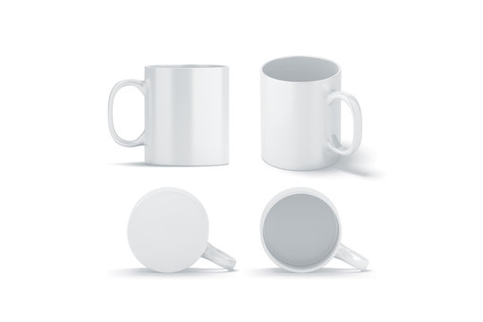Blank white glass mug mockups set isolated, 3d rendering. Clear left right coffee cup mock up for sublimation printing. Empty bottoms pint set branding template. Glassy restaurant tankard design.