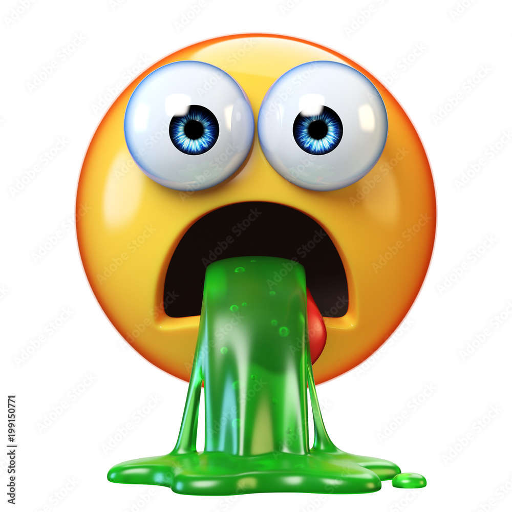 Illustration Stock Puking emoji isolated on white background, disgusted or sick emoticon, vomiting emoji 3d rendering | Adobe Stock