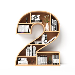 Wall Mural - Bookshelves 3d font. Alphabet in the form of book shelves. Mockup font.  Number 2 3d rendering