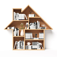 Wall Mural - Bookshelves in the shape of house, home book shelf concept 3d rendering