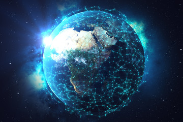 Poster - 3D rendering Network and data exchange over planet earth in space. Connection lines Around Earth Globe. Blue Sunrise. Global International Connectivity. Elements of this image furnished by NASA