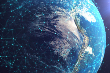 Poster - 3D rendering Network and data exchange over planet earth in space. Connection lines Around Earth Globe. Global International Connectivity. Elements of this image furnished by NASA