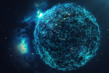 Poster - 3D rendering Network and data exchange over planet earth in space. Connection lines Around Earth Globe. Global International Connectivity. Elements of this image furnished by NASA