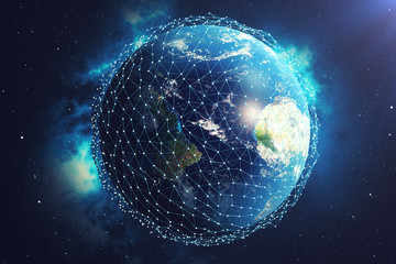 Poster - 3D rendering Network and data exchange over planet earth in space. Connection lines Around Earth Globe. Global International Connectivity. Elements of this image furnished by NASA
