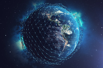 Poster - 3D rendering Network and data exchange over planet earth in space. Connection lines Around Earth Globe. Global International Connectivity. Elements of this image furnished by NASA