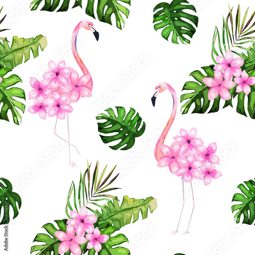 Exotic summer print. Seamless pattern with tropical leaves , flowers and flam...