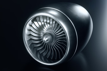 Wall Mural - 3d rendering jet engine, close-up view jet engine blades. blue tint.