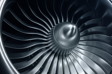 Wall Mural - 3d rendering jet engine, close-up view jet engine blades. blue tint.