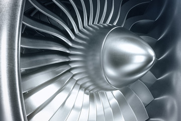 Wall Mural - 3d rendering jet engine, close-up view jet engine blades. blue tint.