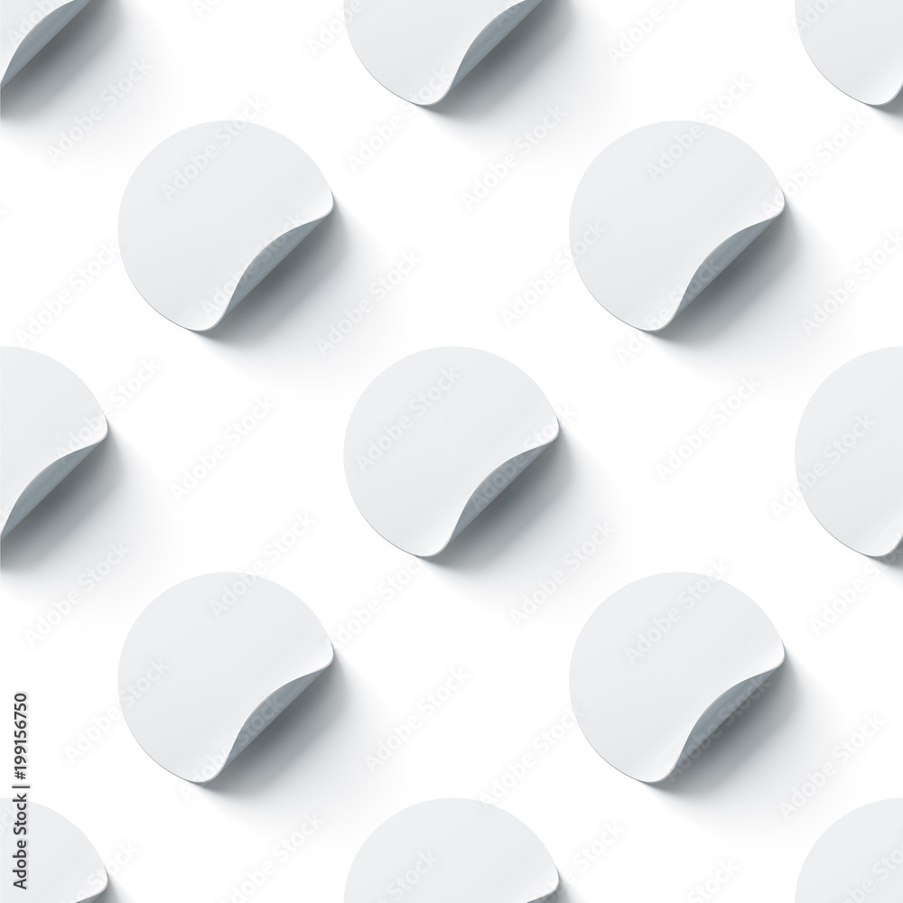 Blank white round adhesive stickers mock ups seamless pattern with curl ...