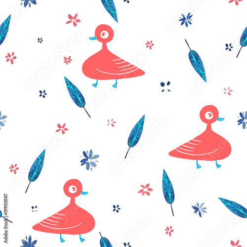 Cotton fabric watercolor cute flowers pattern and cartoon birds illustration seamless pattern
