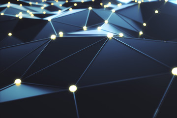Poster - 3D Rendering abstract background. Low poly mesh with connection lines and glowing dots or point. Cloud computing. Hi-tech digital technology
