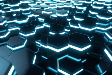 Poster - Abstract blue of futuristic surface hexagon pattern with light rays, 3D Rendering