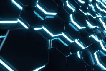 Poster - Abstract blue of futuristic surface hexagon pattern with light rays, 3D Rendering