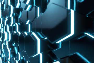 Poster - Abstract blue of futuristic surface hexagon pattern with light rays, 3D Rendering