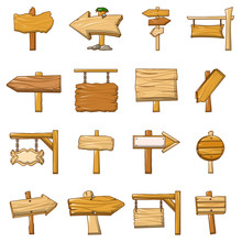 Signpost Road Wooden Icons Set, Cartoon Style