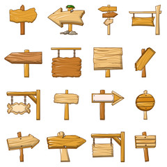 Poster - Signpost road wooden icons set, cartoon style