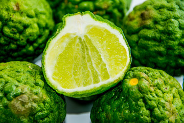 Bergamot on the white background. Citrus bergamia, the bergamot orange is a fragrant citrus with a yellow or green color similar to a lime.