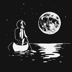 Wall Mural - astronaut swims by boat to the moon.prints design.vector illustration.space theme