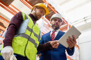 Wall Mural - Low angle portrait of mature businessman wearing hardhat using digital tablet and  talking to worker discussing inventory, copy space