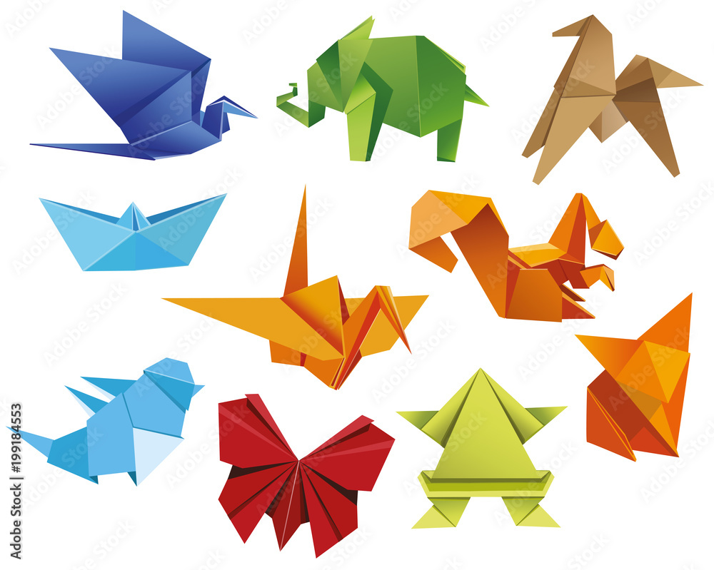 Origami. A set of origami. Set origami butterfly, crane, frog, elephant, horse, ship, sparrow, fox, squirrel. Paper set origami. Vector illustration Eps10 file - obrazy, fototapety, plakaty 