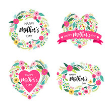 Set Of Vintage Hand Drawn Rustic Wreath With Cute Spring Flowers And Hand Written Text Happy Mother's Day