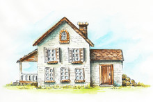 Old House, Cottage On An Green Lawn. Watercolor Hand Drawn Illustration