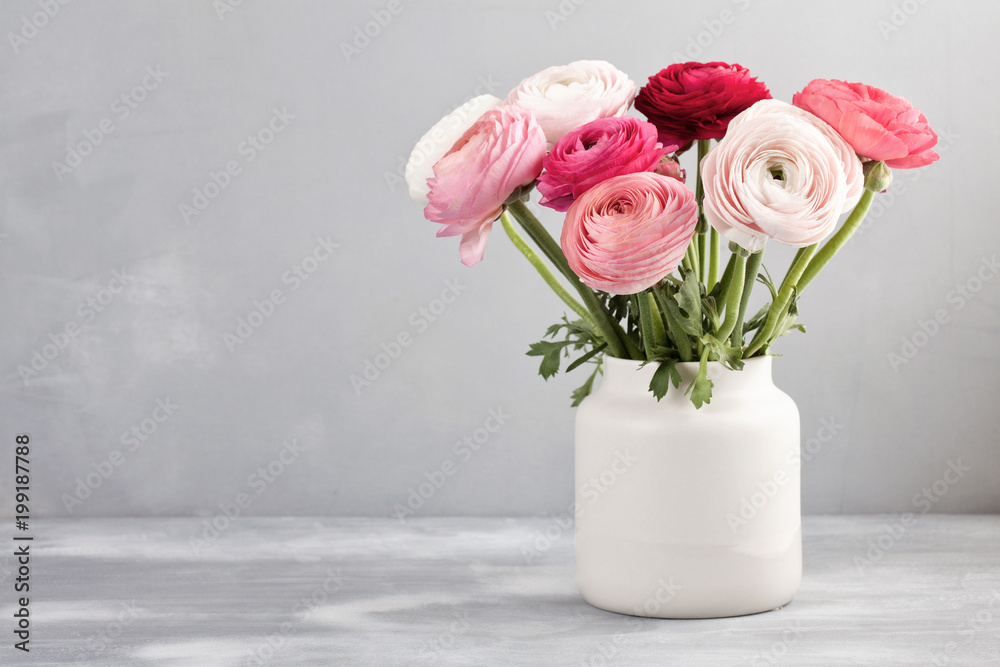 Bouquet of pink and white ranunculus flowers over the grey wall - obrazy, fototapety, plakaty 