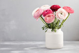 Bouquet of pink and white ranunculus flowers over the grey wall