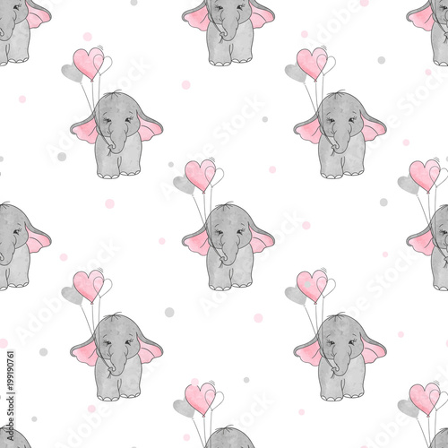 Seamless pattern with cute elephants and heart balloons. Vector background fo...