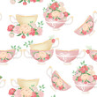 Beautiful pink and beige porcelain tea cups with tied bows and peony flowers bouquets seamless pattern on white background